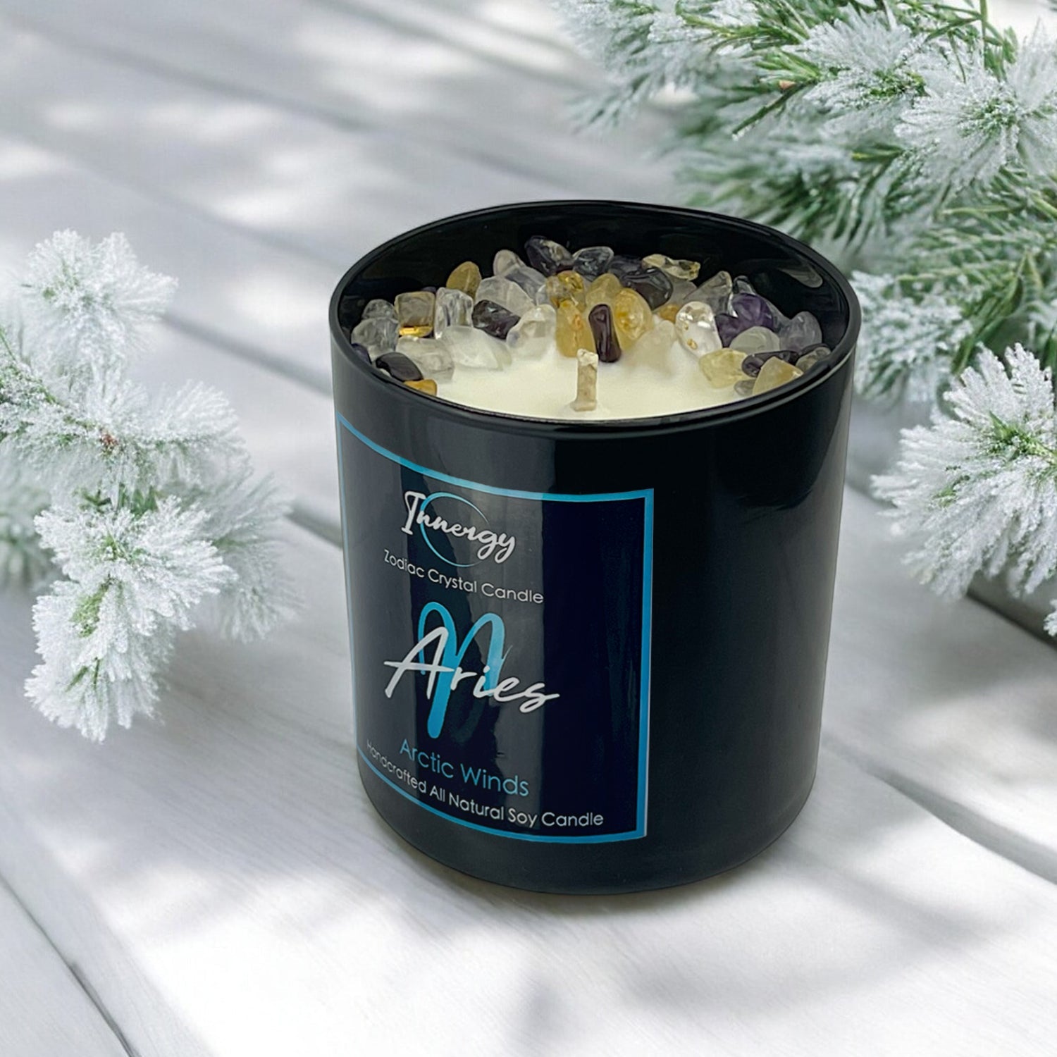 Aries Zodiac Crystal Candle with Citrine, Amethyst, and Crystal Quartz | Coconut-Soy Wax Candle, 9oz - Tampa Home & Garden Store