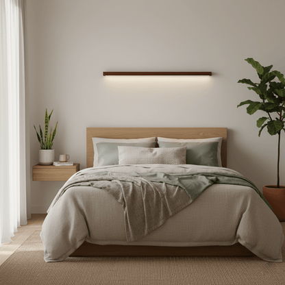 Pinea pine wood wall light with frosted diffuser, dimmable warm LED above bed in a cozy bedroom on Tampa Home & Garden Store