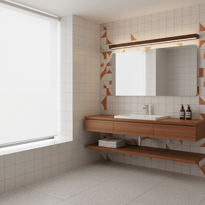 Linear pine wood wall light with frosted diffuser, warm dimmable LED above bathroom mirror on Tampa Home & Garden Store