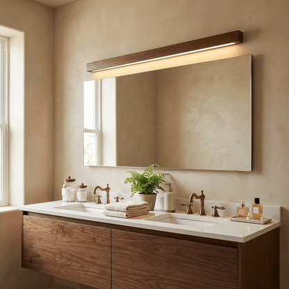 Pinea pinewood wall light with frosted diffuser dimmable warm LED over mirror Moktan Sabai on Tampa Home & Garden Store