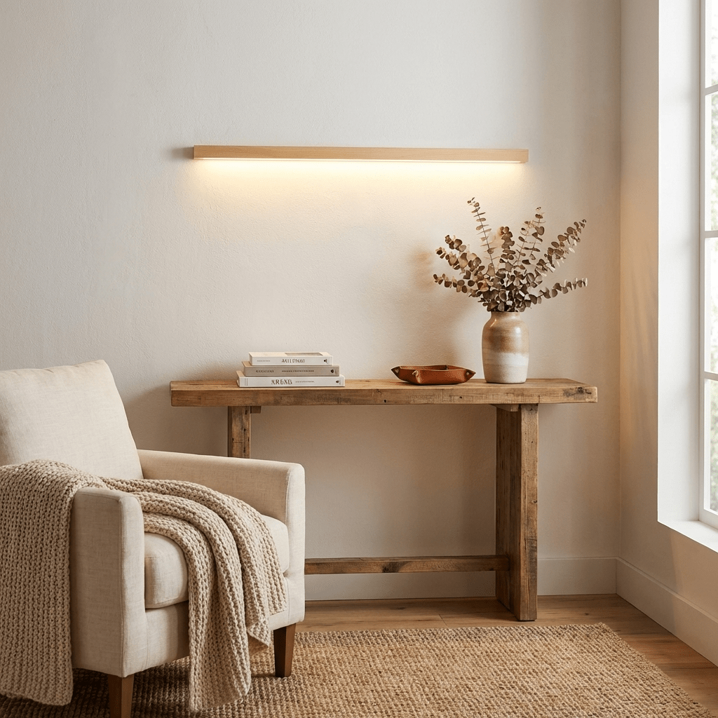 Pinea linear pine wood wall light with frosted diffuser, dimmable warm LED mounted on wall on Tampa Home & Garden Store