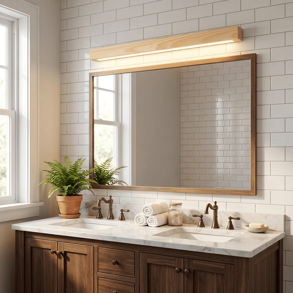 Pinea linear pine wood wall light with frosted diffuser, dimmable warm LED above mirror on Tampa Home & Garden Store
