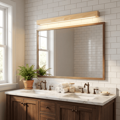Pinea linear pine wood wall light with frosted diffuser, dimmable warm LED above mirror on Tampa Home & Garden Store