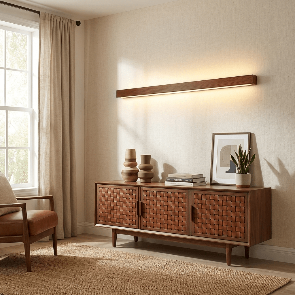 Pinea linear pine wood wall light with frosted diffuser, dimmable warm LED for hallway on Tampa Home & Garden Store