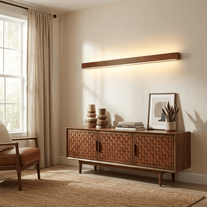 Pinea linear pine wood wall light with frosted diffuser, dimmable warm LED for hallway on Tampa Home & Garden Store