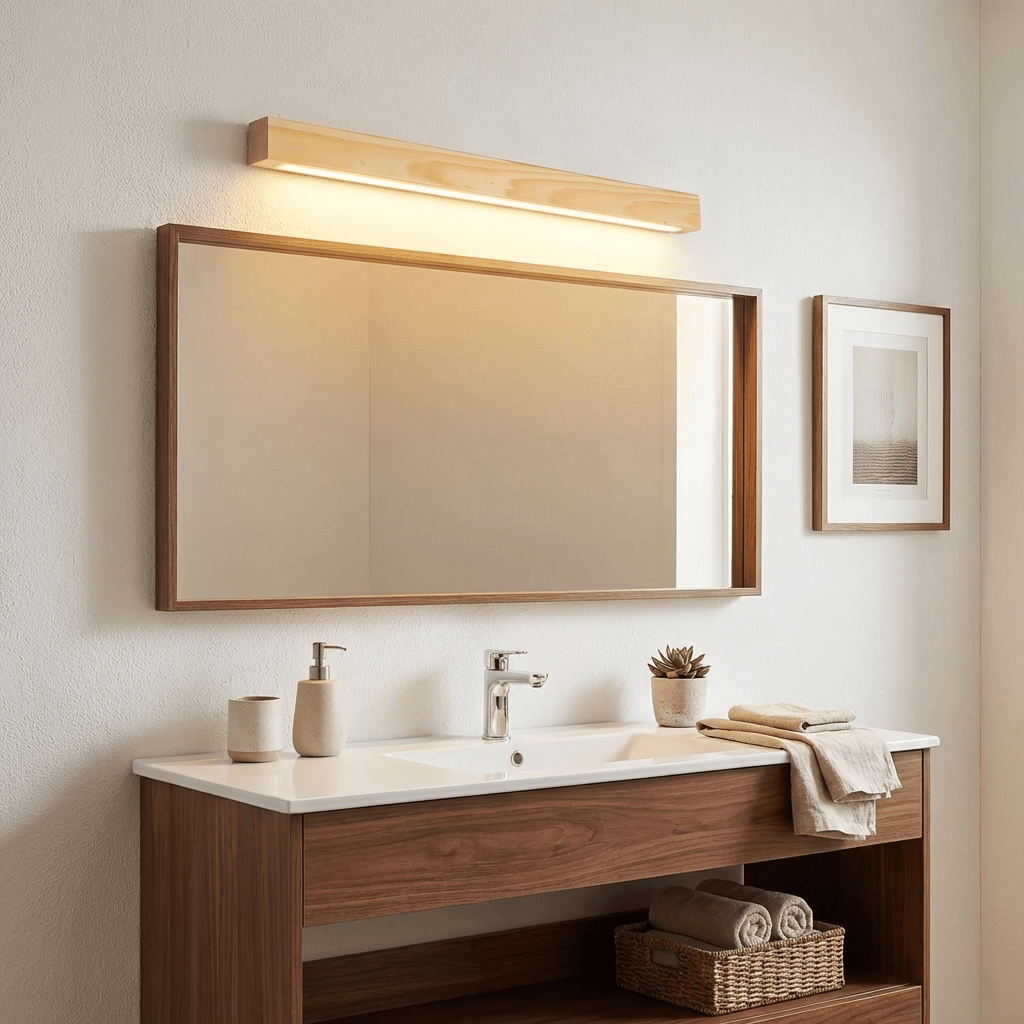 Pinea pine wood wall light with frosted diffuser, dimmable warm LED Moktan Sabai wall fixture on Tampa Home & Garden Store