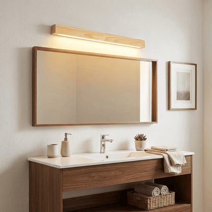 Pinea pine wood wall light with frosted diffuser, dimmable warm LED Moktan Sabai wall fixture on Tampa Home & Garden Store
