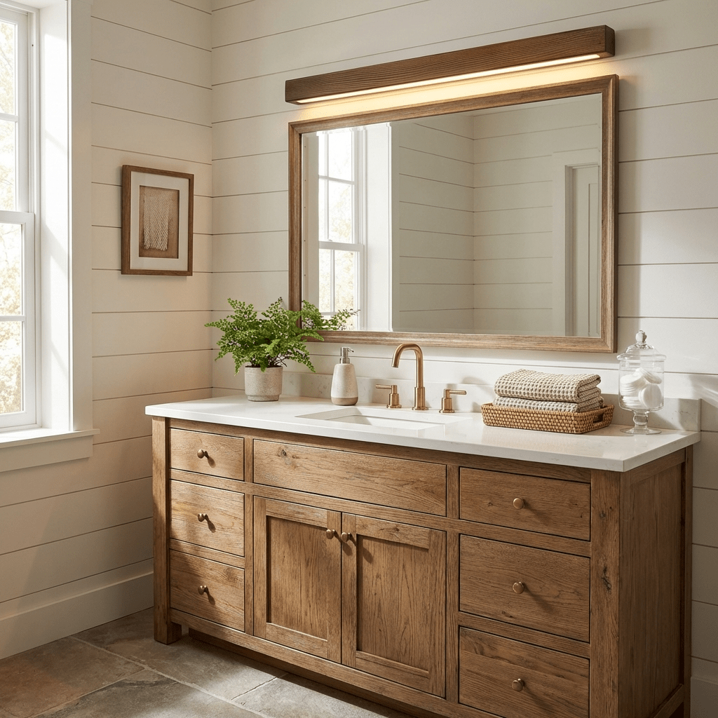 Pinea linear pine wood wall light with frosted diffuser, dimmable warm LED above bathroom vanity on Tampa Home & Garden Store