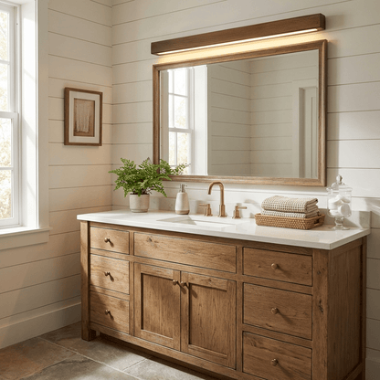Pinea linear pine wood wall light with frosted diffuser, dimmable warm LED above bathroom vanity on Tampa Home & Garden Store