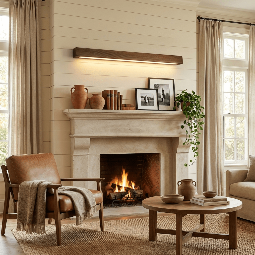 Pinea linear pine wood wall light with frosted diffuser, dimmable warm LED above fireplace on Tampa Home & Garden Store