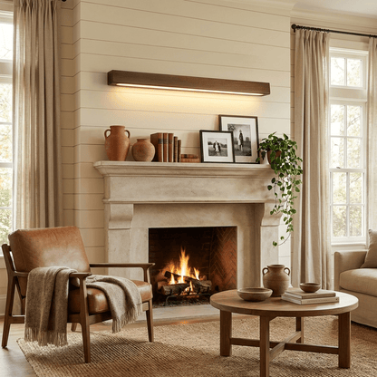 Pinea linear pine wood wall light with frosted diffuser, dimmable warm LED above fireplace on Tampa Home & Garden Store