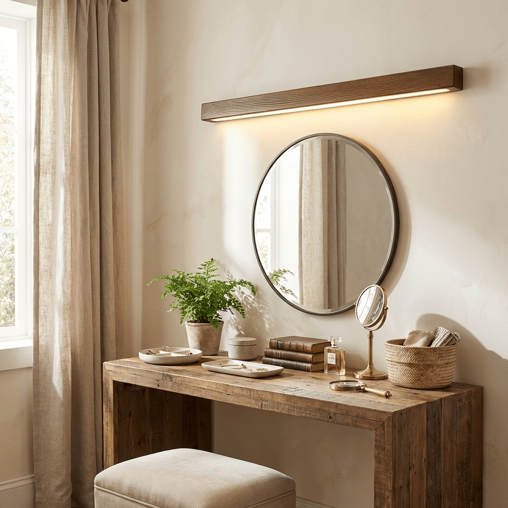 Pinea Linear Pine Wood Wall Light with Frosted Diffuser, dimmable warm LED over mirror on Tampa Home & Garden Store