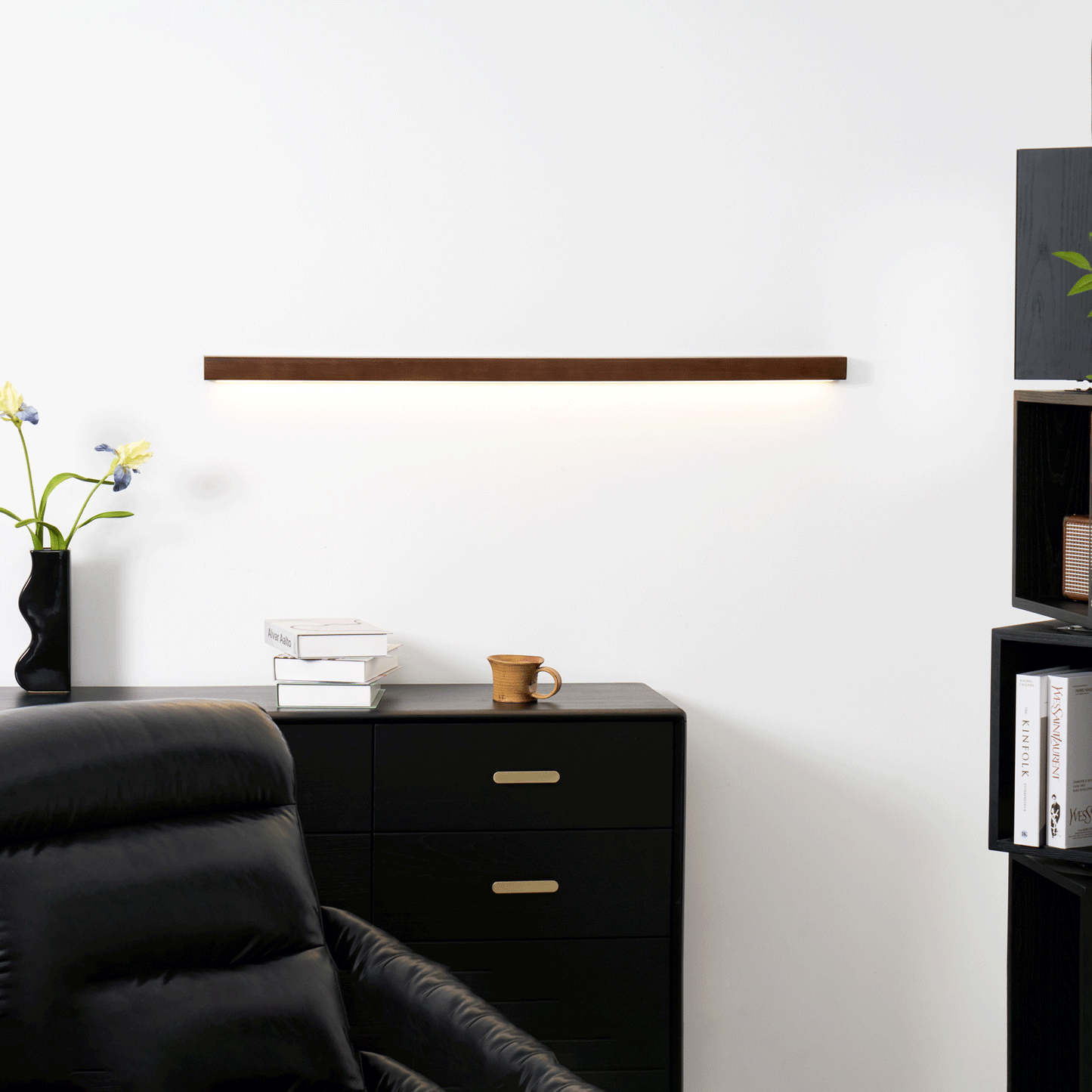 Pinea linear pine wood wall light with frosted diffuser, dimmable warm LED Moktan Sabai fixture on Tampa Home & Garden Store