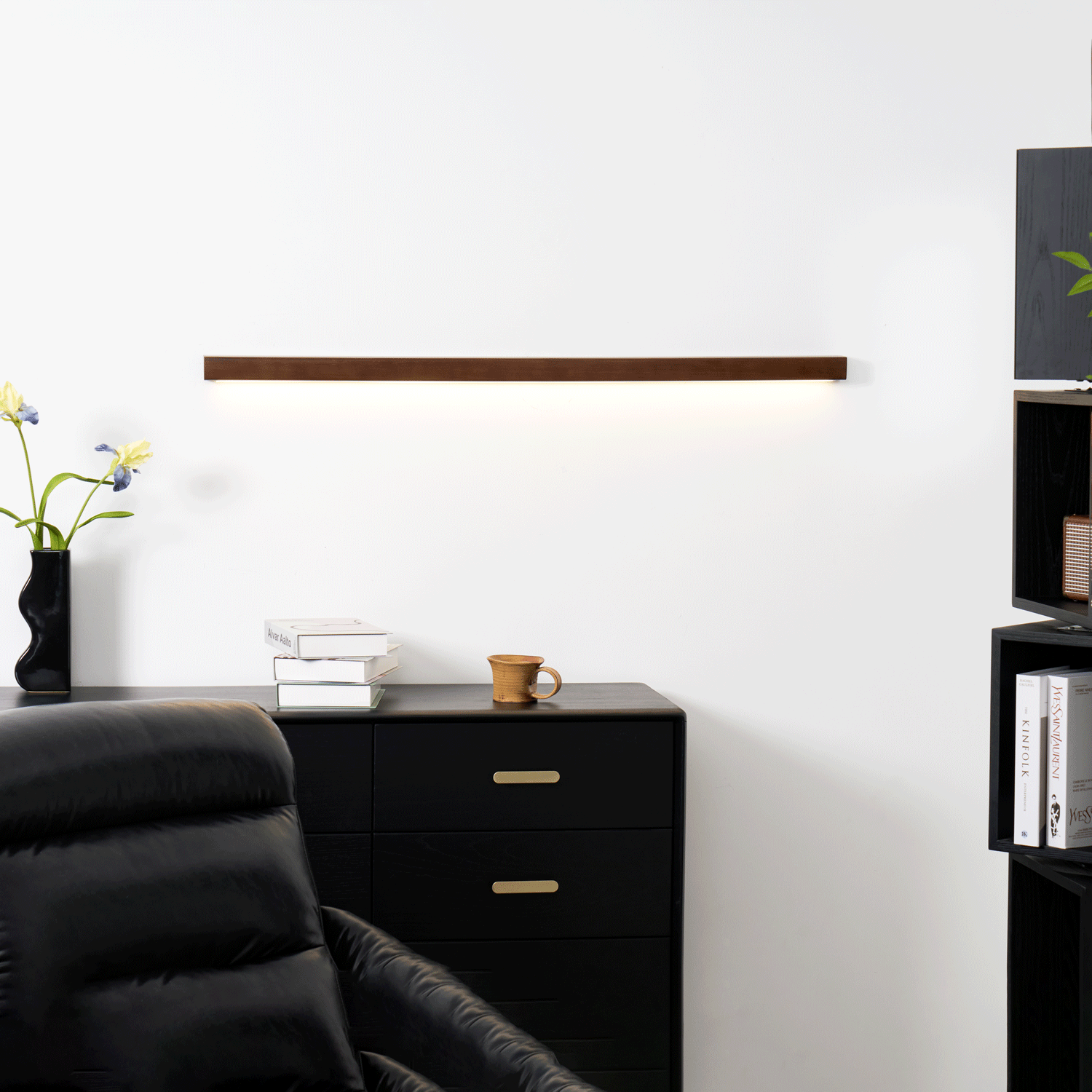 Pinea linear pine wood wall light with frosted diffuser, dimmable warm LED Moktan Sabai fixture on Tampa Home & Garden Store