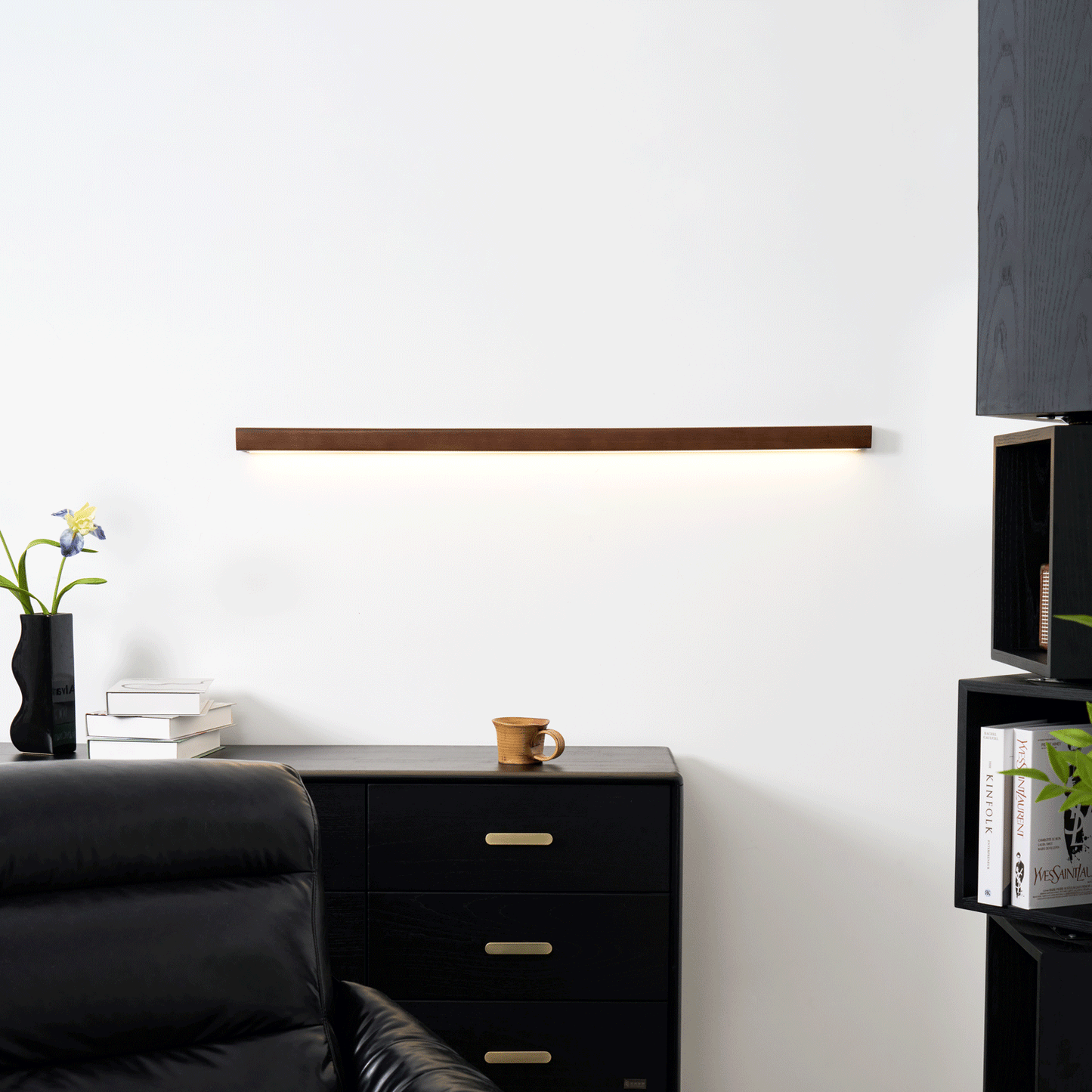 Pinea linear pinewood wall light with frosted diffuser, dimmable warm LED Moktan Sabai hallway on Tampa Home & Garden Store