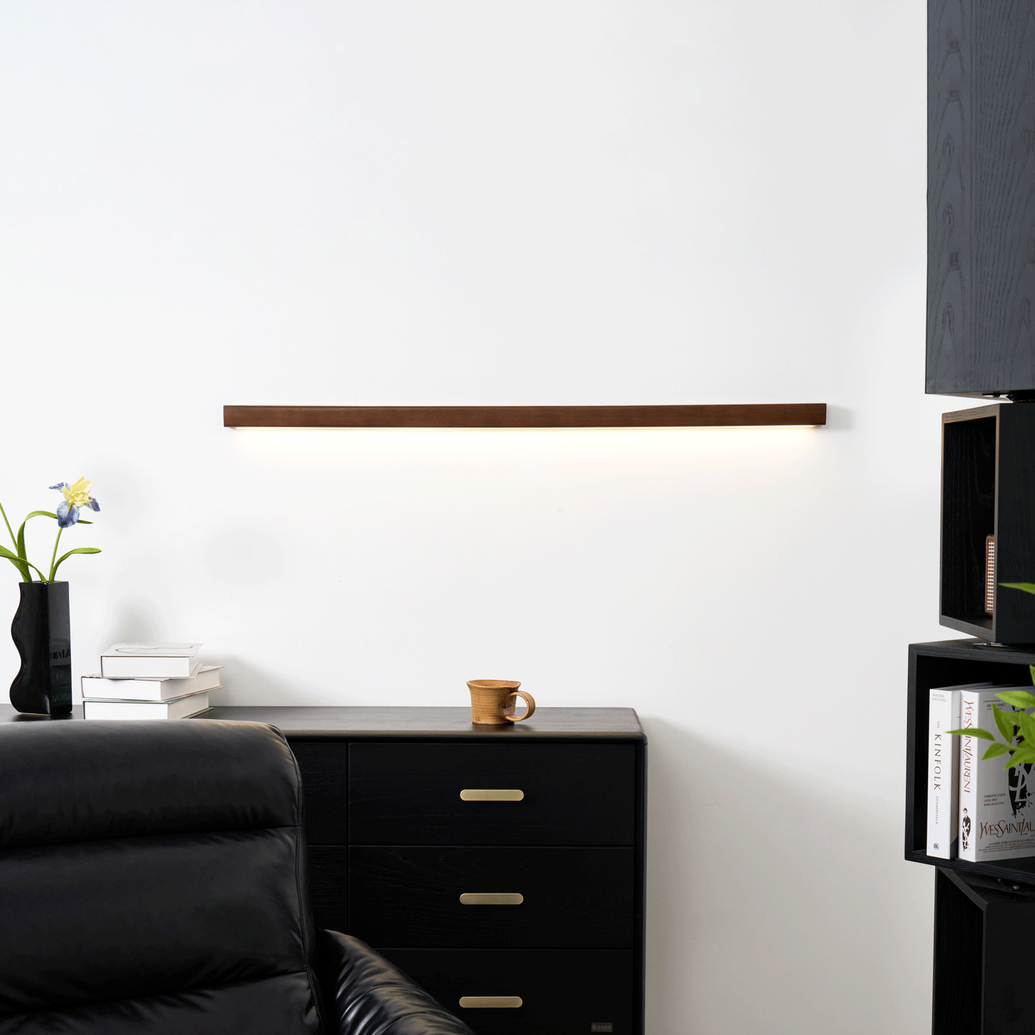 Pinea linear pinewood wall light with frosted diffuser, dimmable warm LED Moktan Sabai hallway on Tampa Home & Garden Store