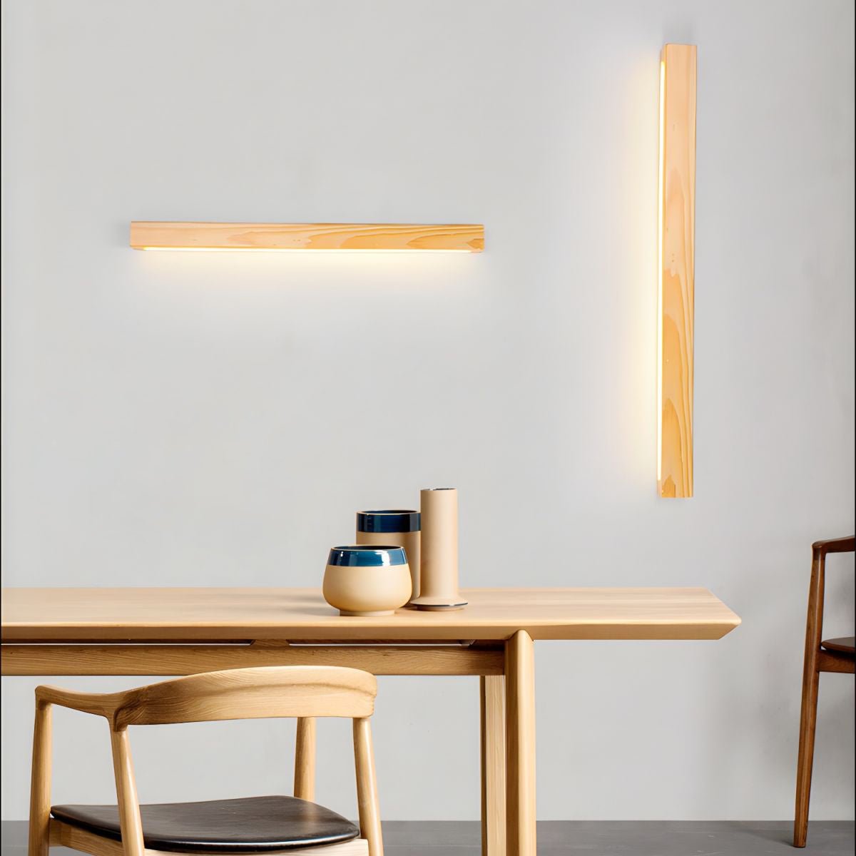 Two Pinea linear pine wood wall lights with frosted diffusers, dimmable warm LED on Tampa Home & Garden Store