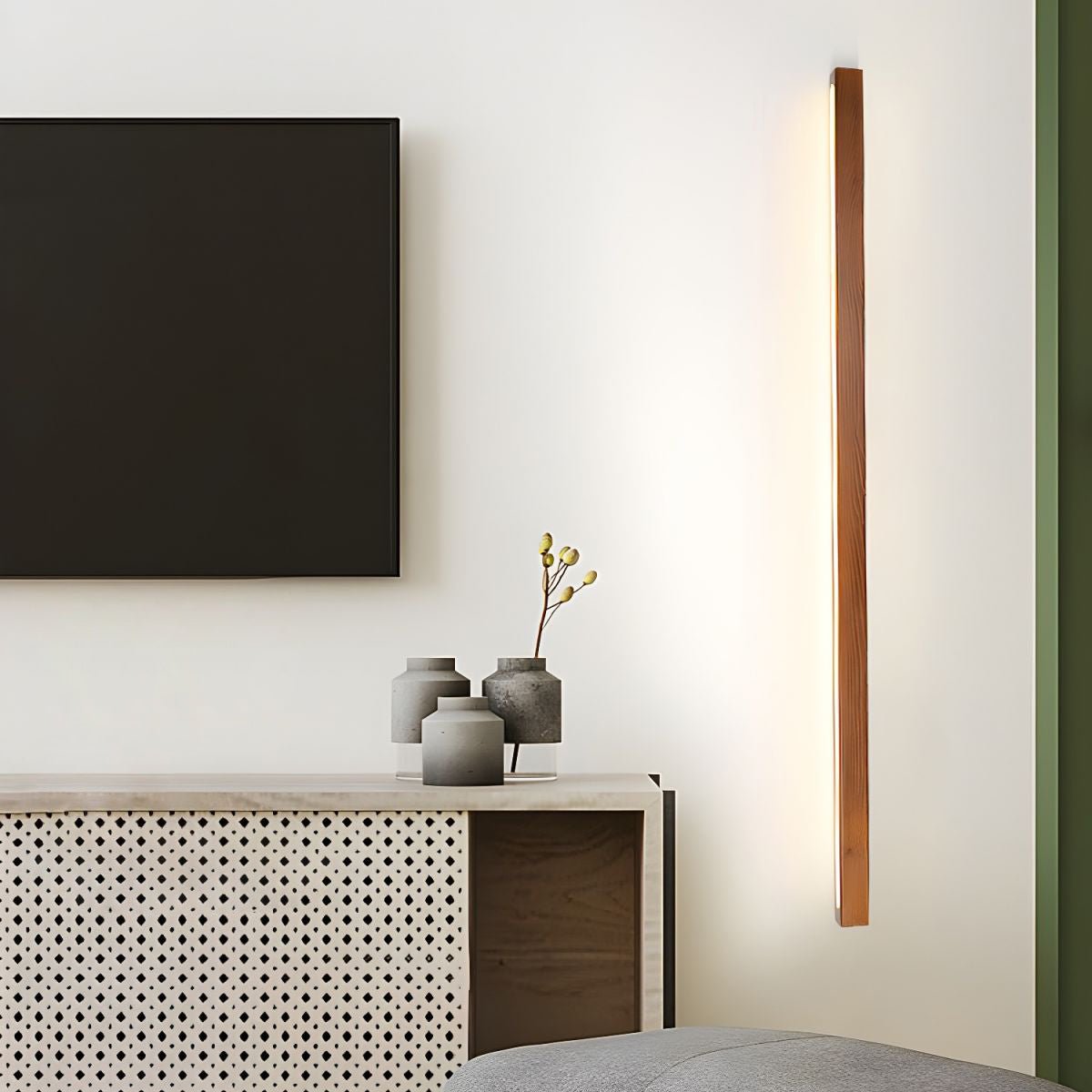 Pinea linear pine wood wall light with frosted diffuser and dimmable warm LED by Moktan Sabai on Tampa Home & Garden Store