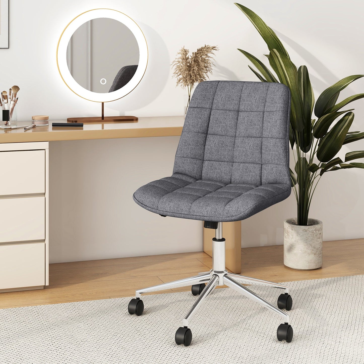 Silla de Oficina sin Brazos, Silla Tapizada para Tocador de Maquillaje con Altura Ajustable y Ruedas - Gris