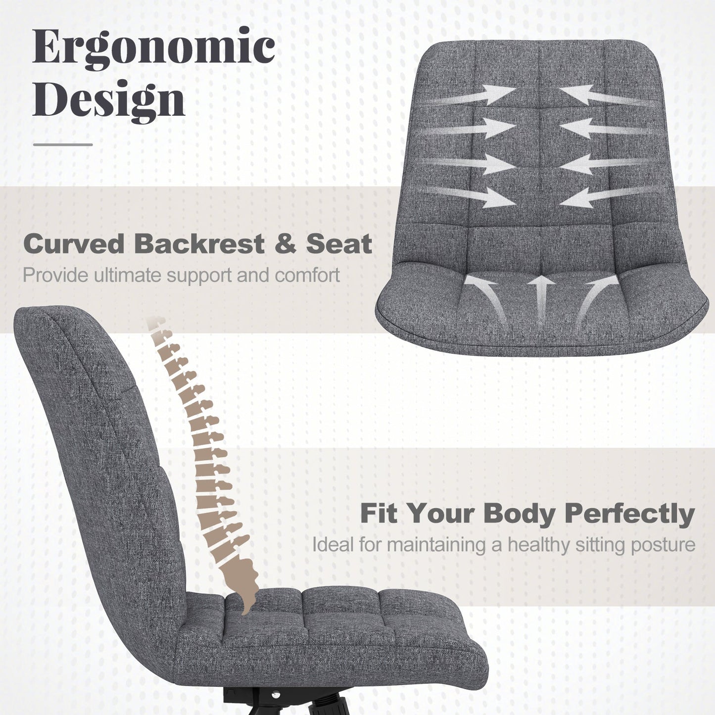 Silla de Oficina sin Brazos, Silla Tapizada para Tocador de Maquillaje con Altura Ajustable y Ruedas - Gris