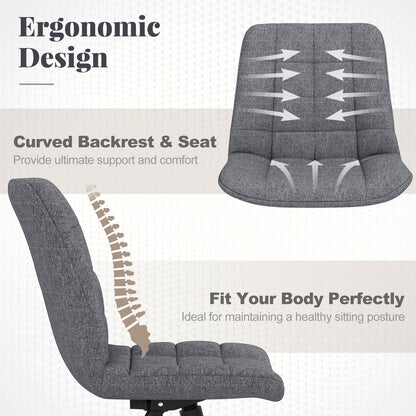 Silla de Oficina sin Brazos, Silla Tapizada para Tocador de Maquillaje con Altura Ajustable y Ruedas - Gris