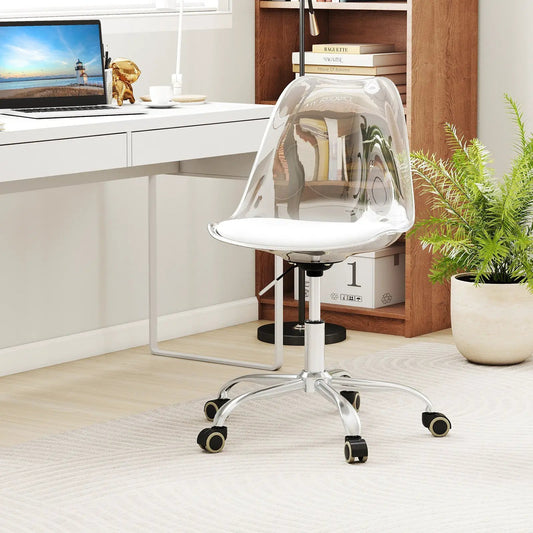 Armless rolling office chair with transparent plastic shell and white cushion, chrome base DirectDeals office chair on Tampa Home & Garden Store