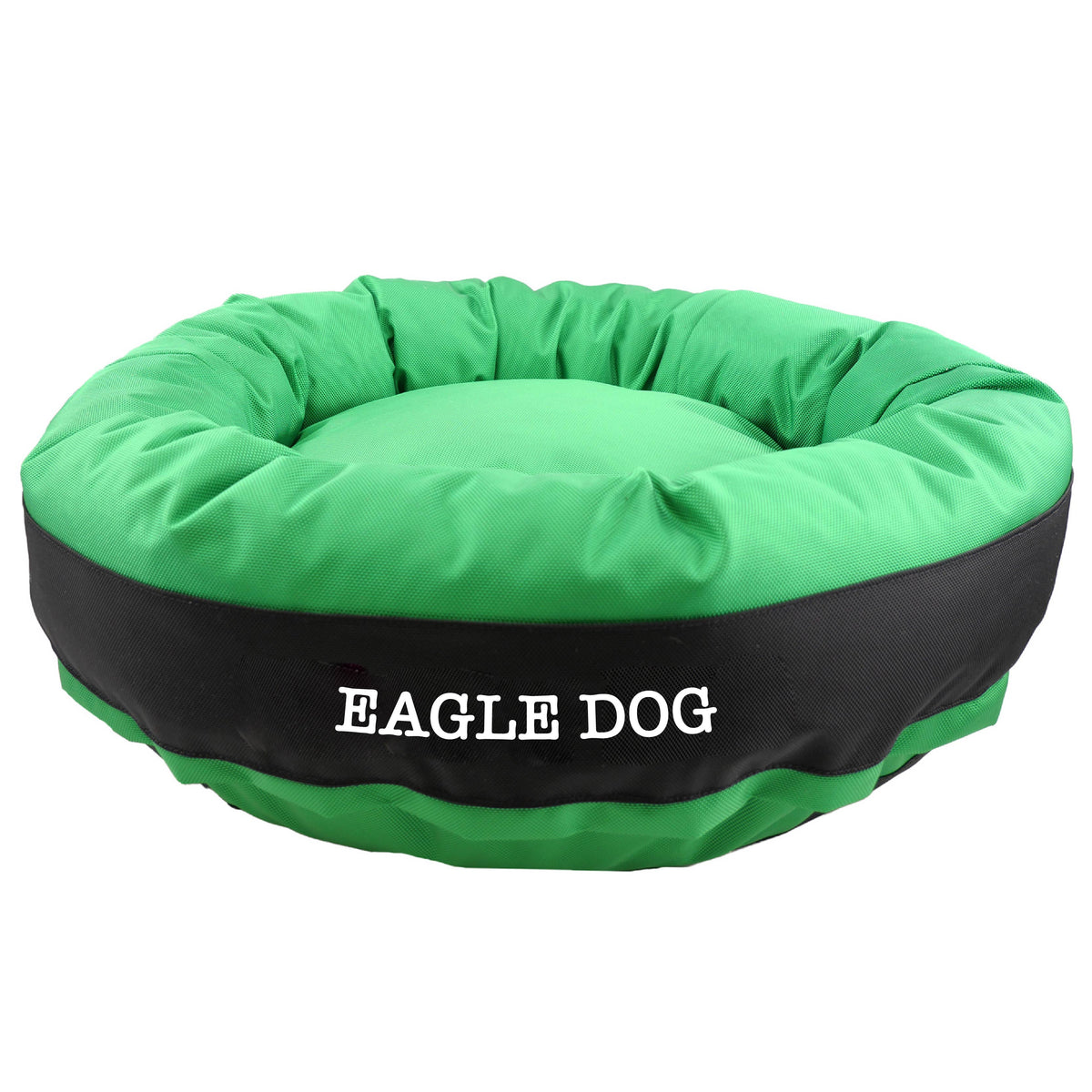 Round green dog bed with black base, quilted fabric and Eagle Dog logo on Tampa Home & Garden Store