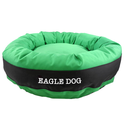 Round green dog bed with black base, quilted fabric and Eagle Dog logo on Tampa Home & Garden Store