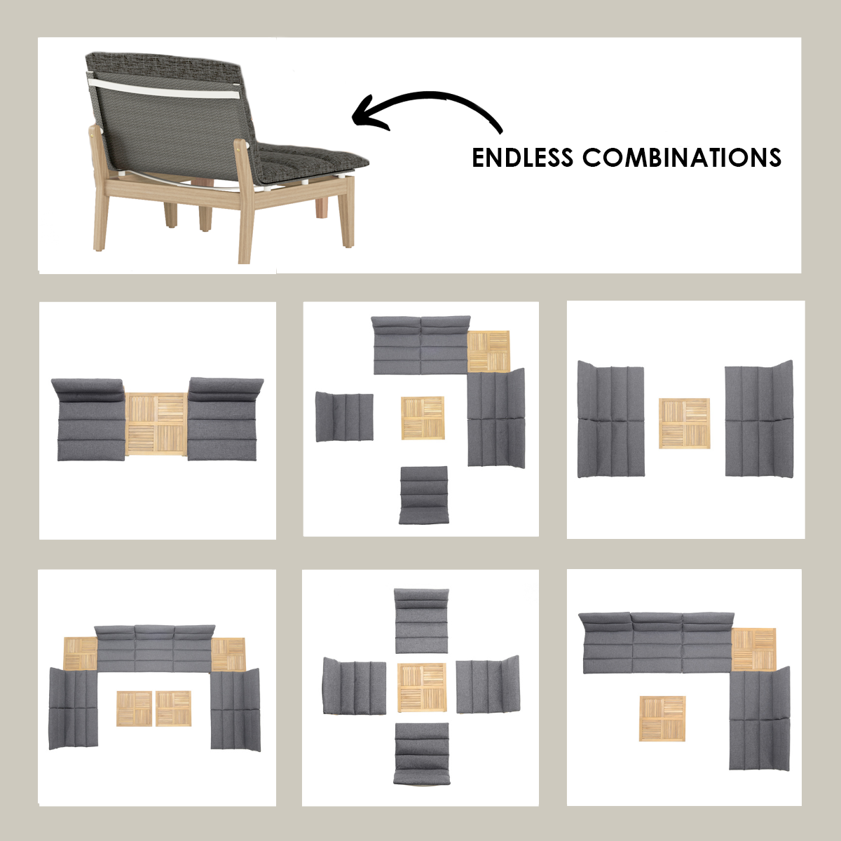 Arno 6pc Corner Set Dark outdoor furniture with dark gray cushions and light wood frame on Tampa Home & Garden Store