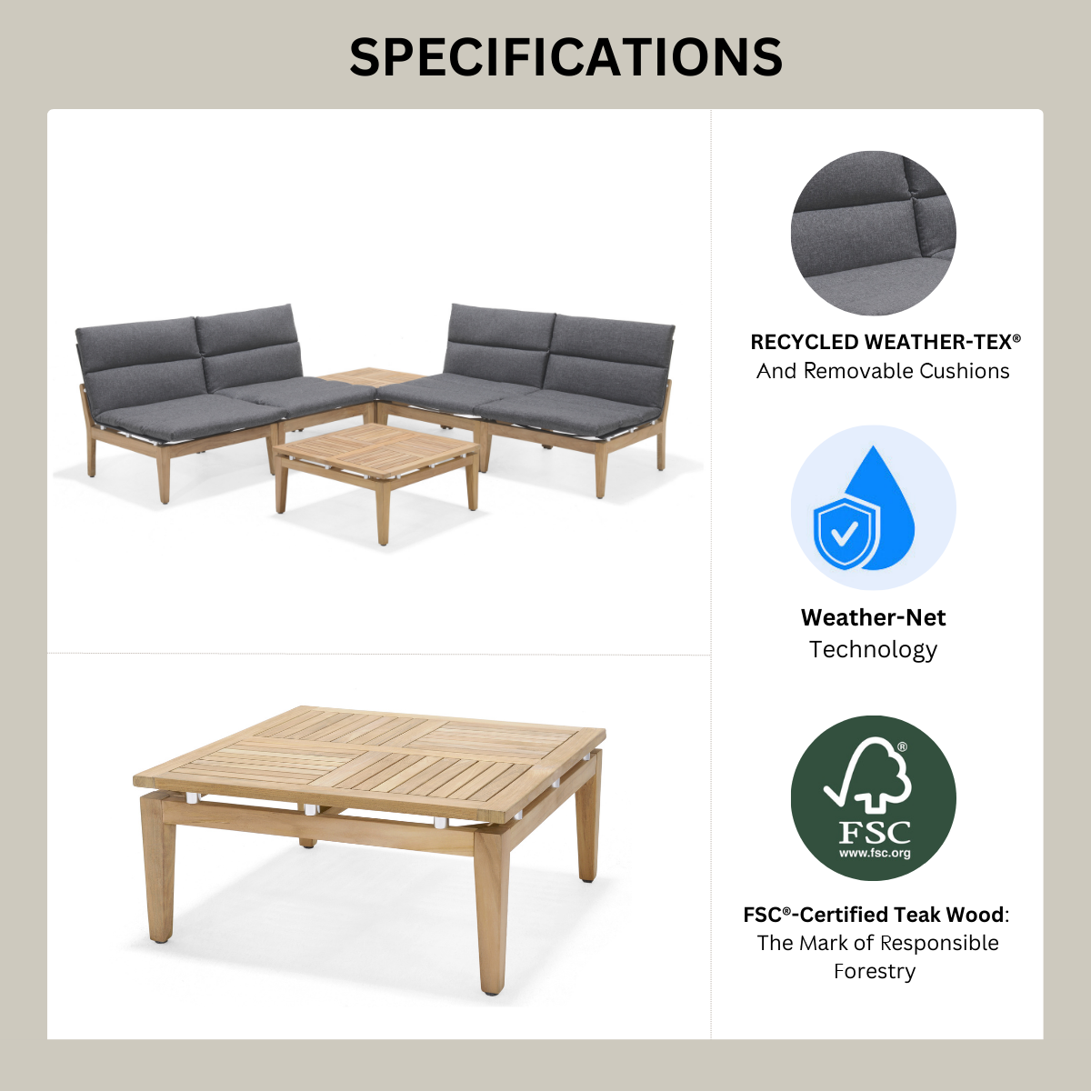 Arno 6pc Corner Set Dark outdoor furniture with teak wood frame and gray Weather-Tex cushions on Tampa Home & Garden Store