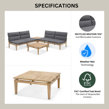 Arno 6pc Corner Set Dark outdoor furniture with teak wood frame and gray Weather-Tex cushions on Tampa Home & Garden Store