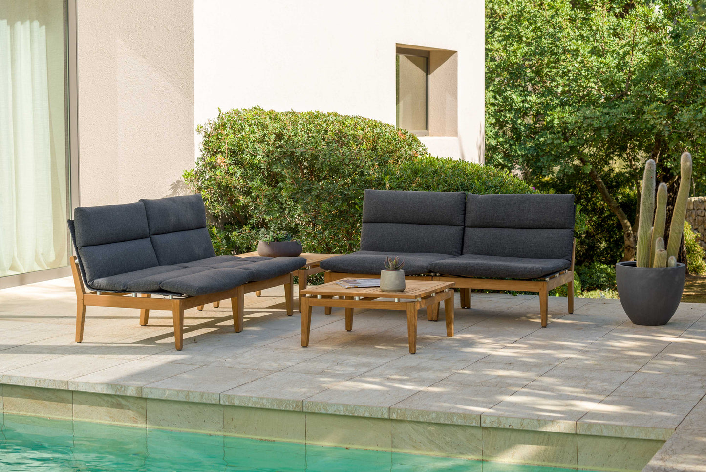 Arno 6pc Corner Set Dark outdoor lounge set with charcoal cushions on wooden frames on Tampa Home & Garden Store