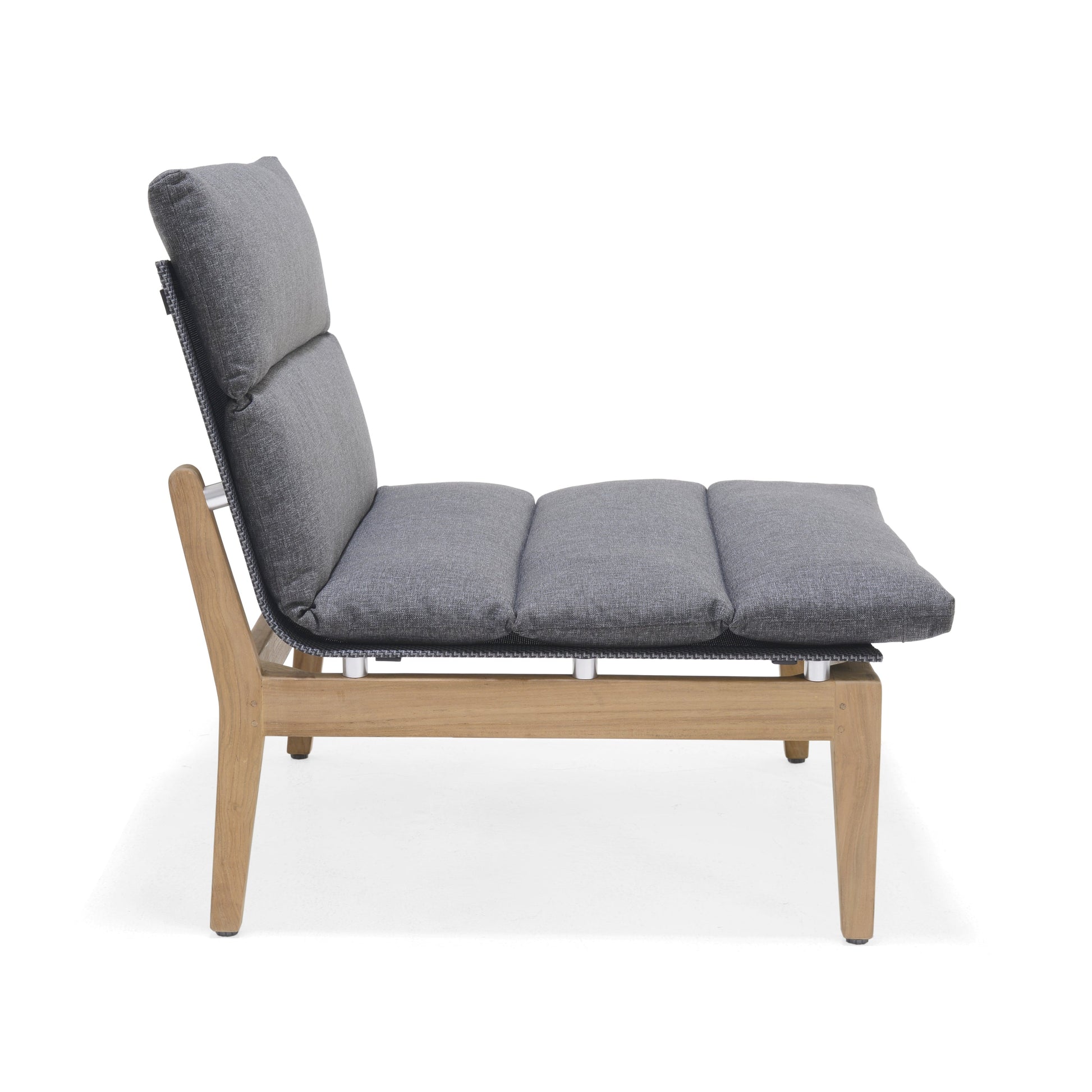 Arno 6pc Corner Set Dark outdoor lounge chair with dark gray fabric cushions and wood frame on Tampa Home & Garden Store