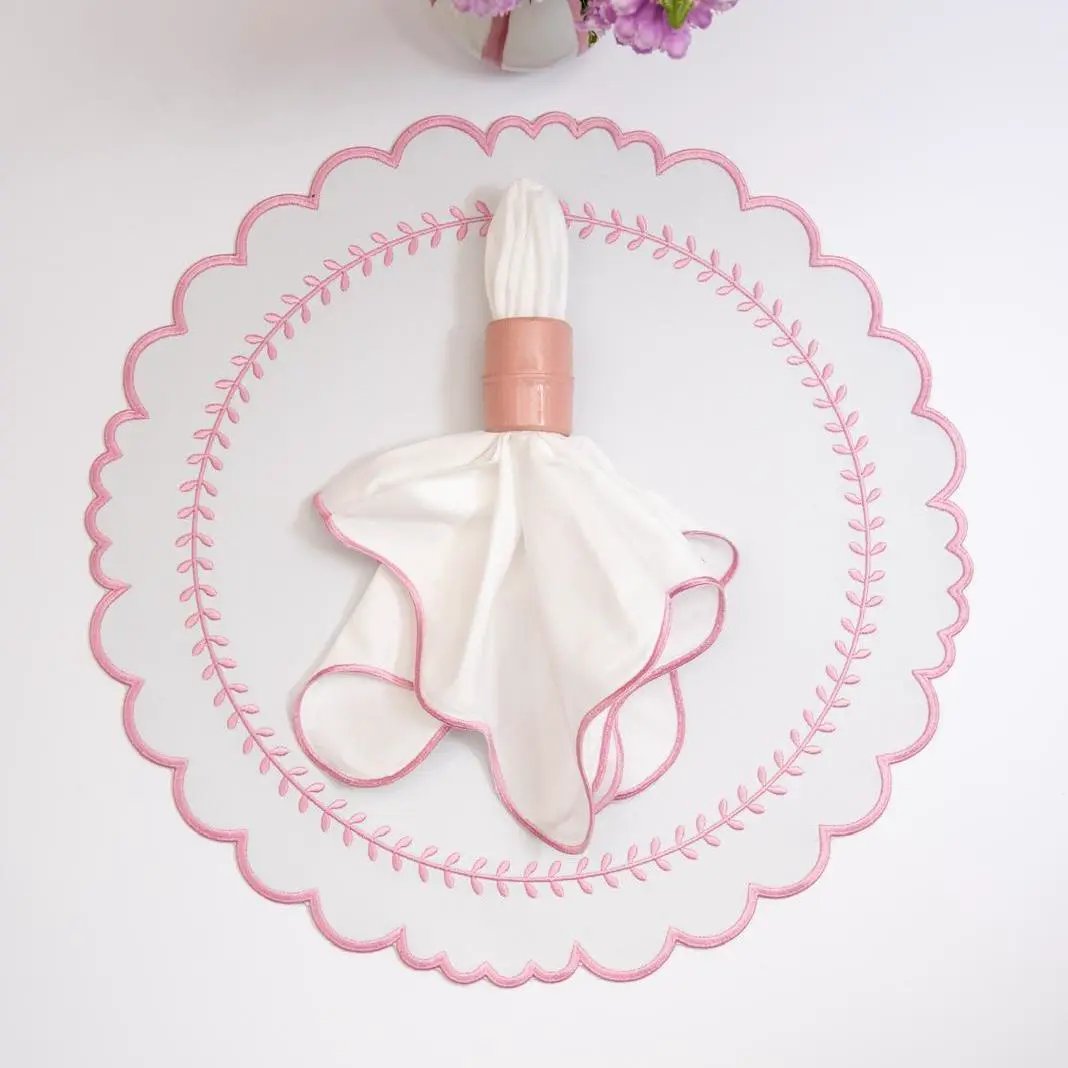 Arrow Placemat for Dining Protection round placemat with pink scalloped edge by Talah Home on Tampa Home & Garden Store