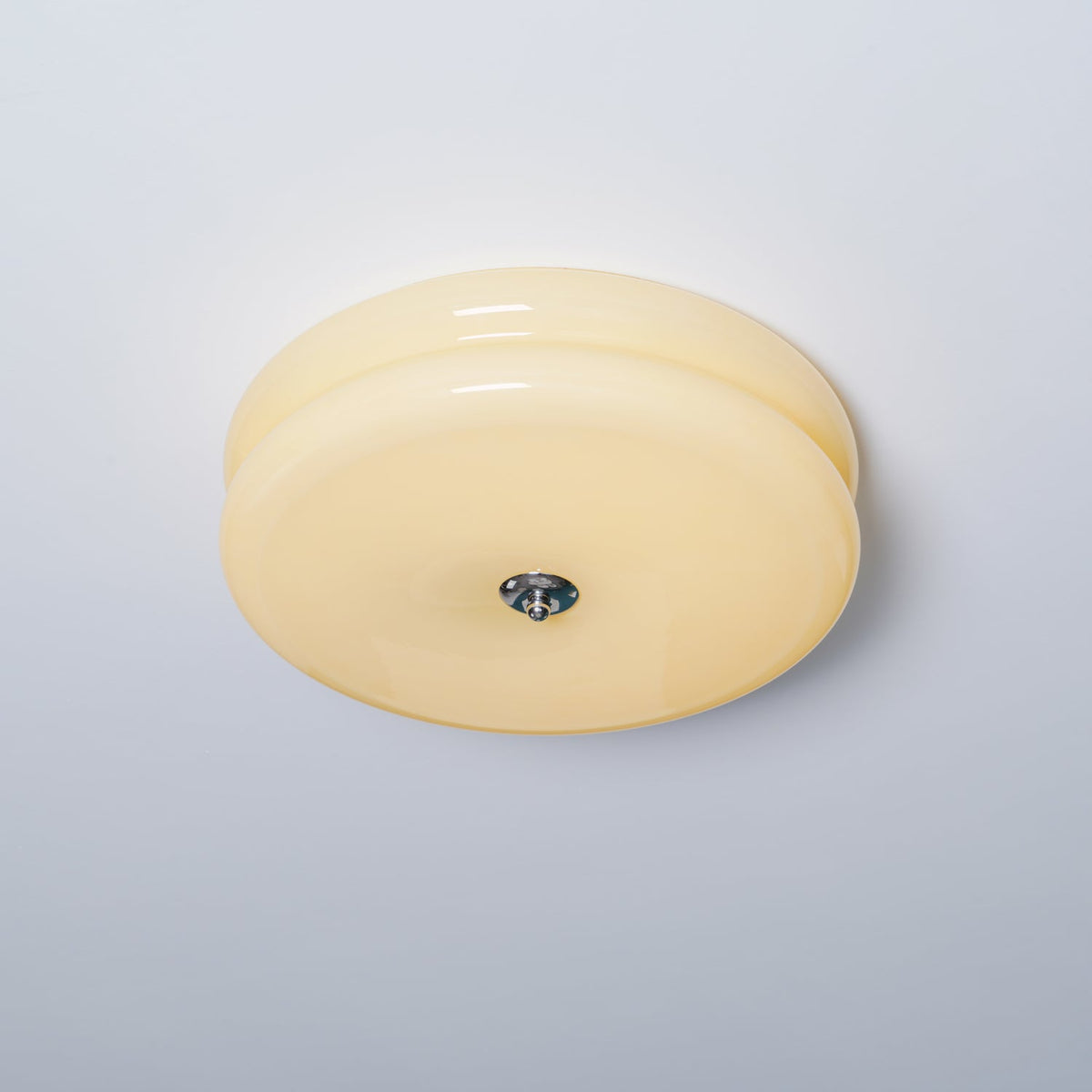 Art Deco ribbed glass ceiling light warm LED flush mount with cream glass shade and chrome center hardware on Tampa Home & Garden Store