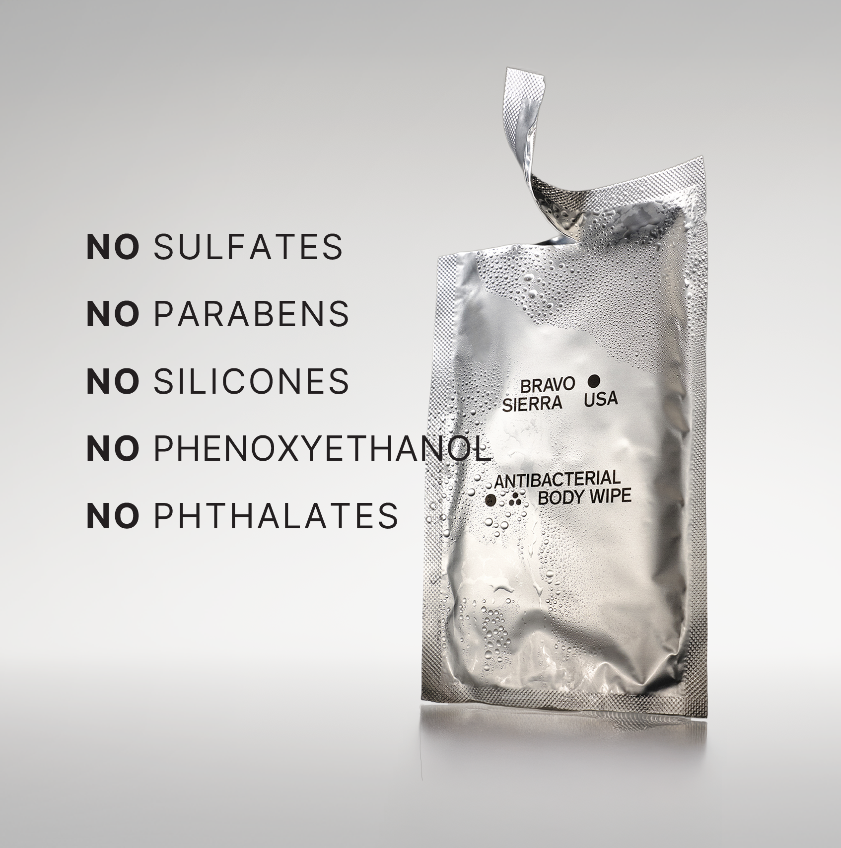 Antibacterial body wipe Bravo Sierra in a metallic pouch with no sulfates parabens silicones on Tampa Home & Garden Store