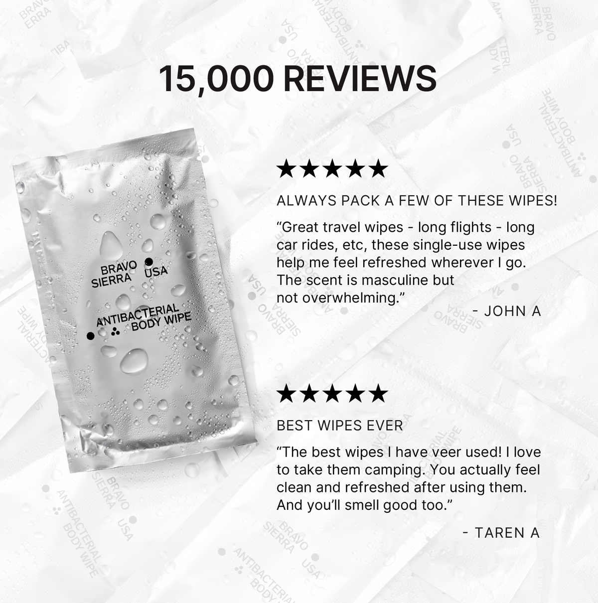 Bravo Sierra Antibacterial Body Wipes packaging, baby wipes in a silver pouch with water droplets on Tampa Home & Garden Store