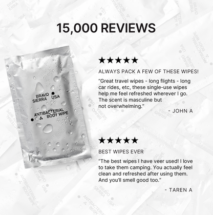 Bravo Sierra Antibacterial Body Wipes packaging, baby wipes in a silver pouch with water droplets on Tampa Home & Garden Store