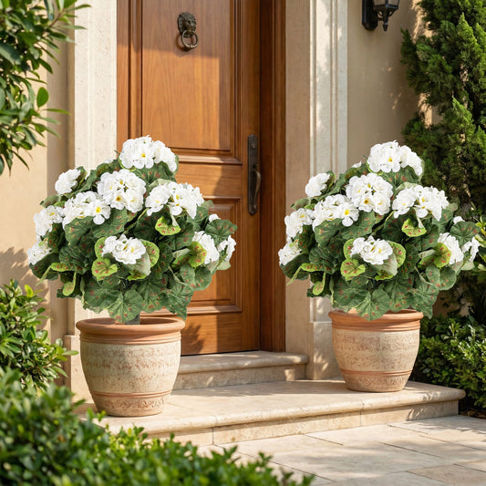 Artificial Begonia Ball Trees Set of 2 13 inch Fake Evergreen Shrubs with Ground Spikes-White - Tampa Home & Garden Store