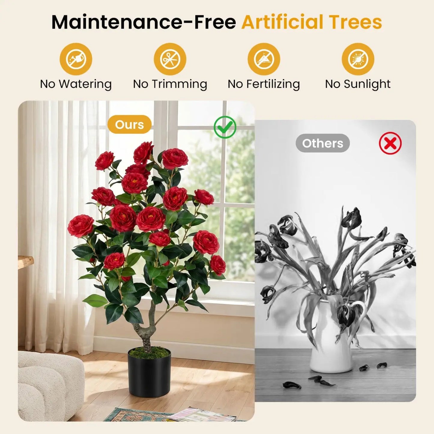 Artificial Camellia Tree in Cement Pot 35.5 Inches