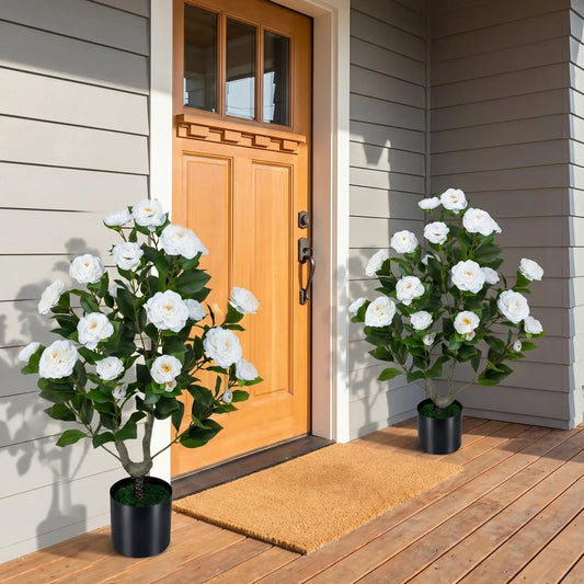 Artificial Camellia Tree in Cement Pot, pair with white blooms and green leaves on a porch on Tampa Home & Garden Store