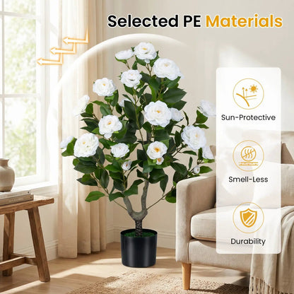 Artificial Camellia Tree in Cement Pot 35.5 Inches