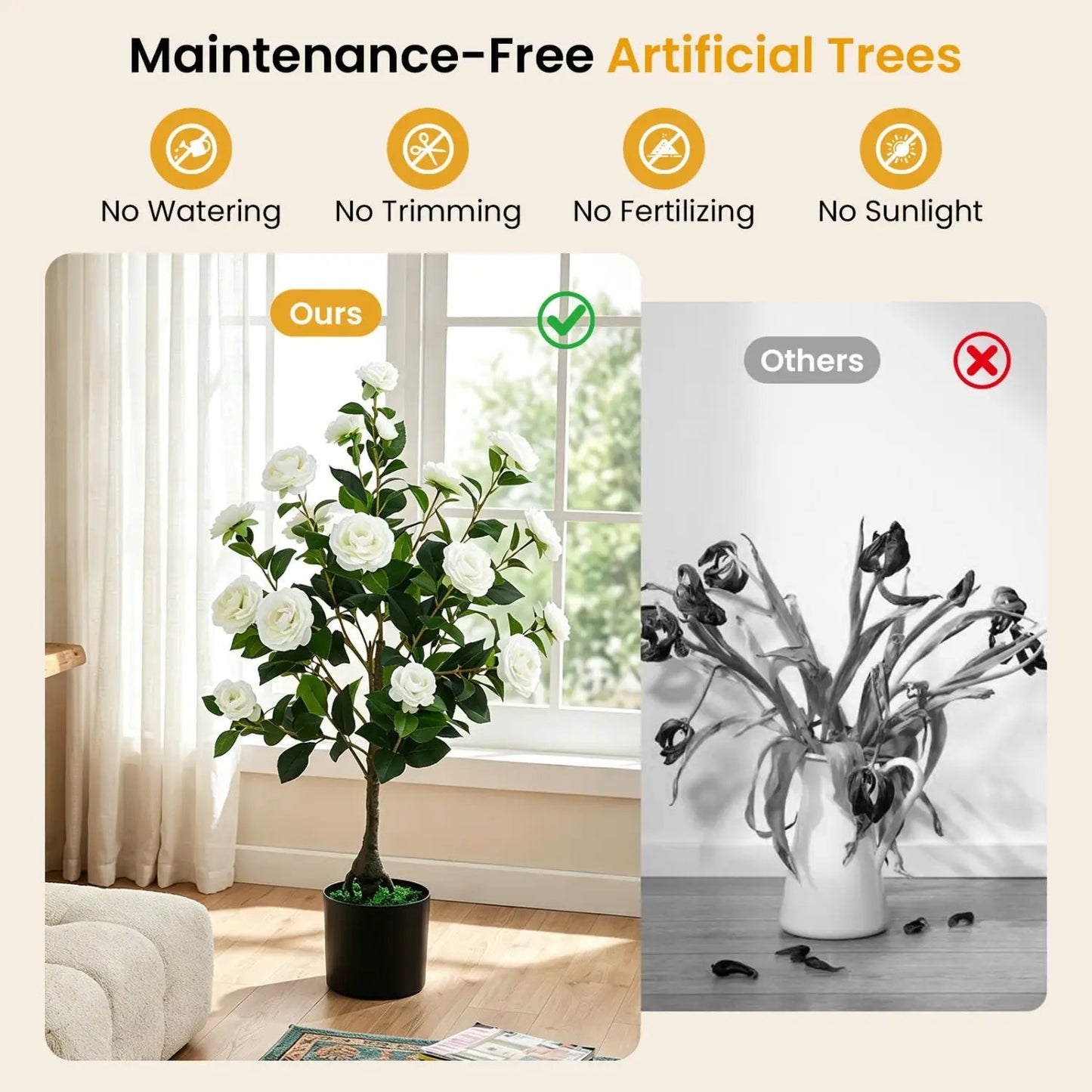 Artificial Camellia Tree in Cement Pot 35.5 Inches