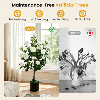 Artificial Camellia Tree in Cement Pot 35.5 Inches