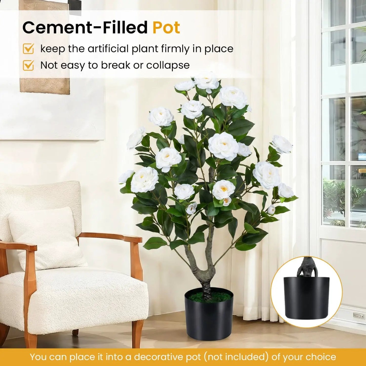 Artificial Camellia Tree in Cement Pot 35.5 Inches