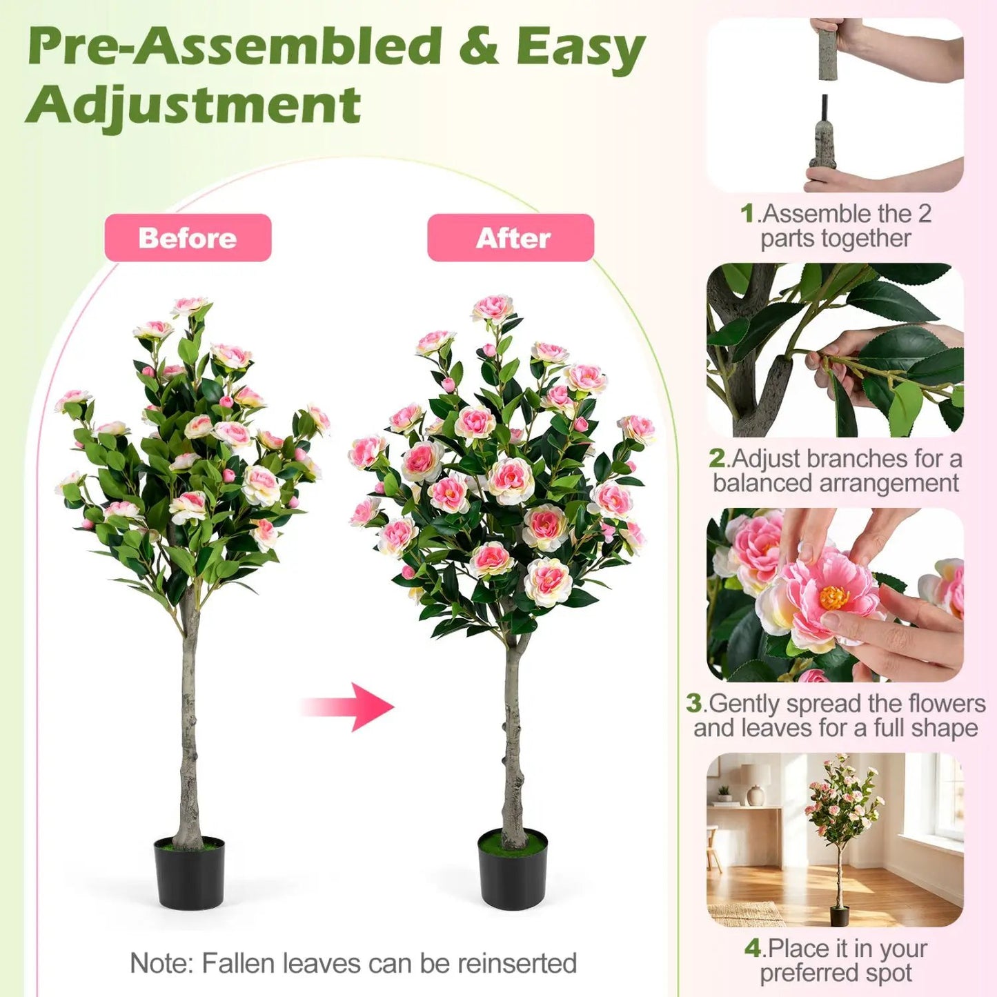 Artificial Camellia Tree with 27 Pink Blossoms