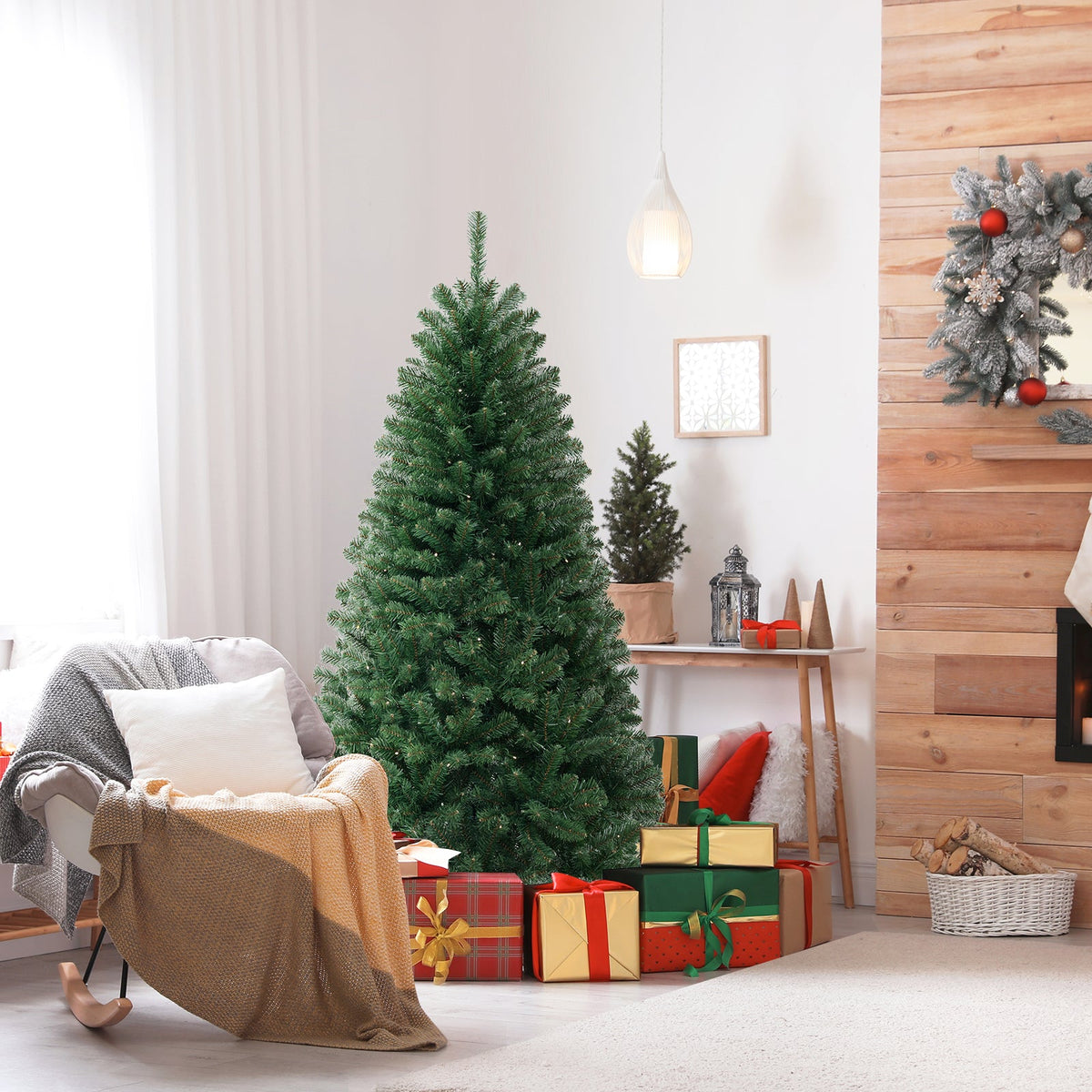 Pre-Lit Artificial Christmas Tree by DirectDeals, lush green evergreen with full branches and integrated LED lights in a cozy living room on Tampa Home & Garden Store