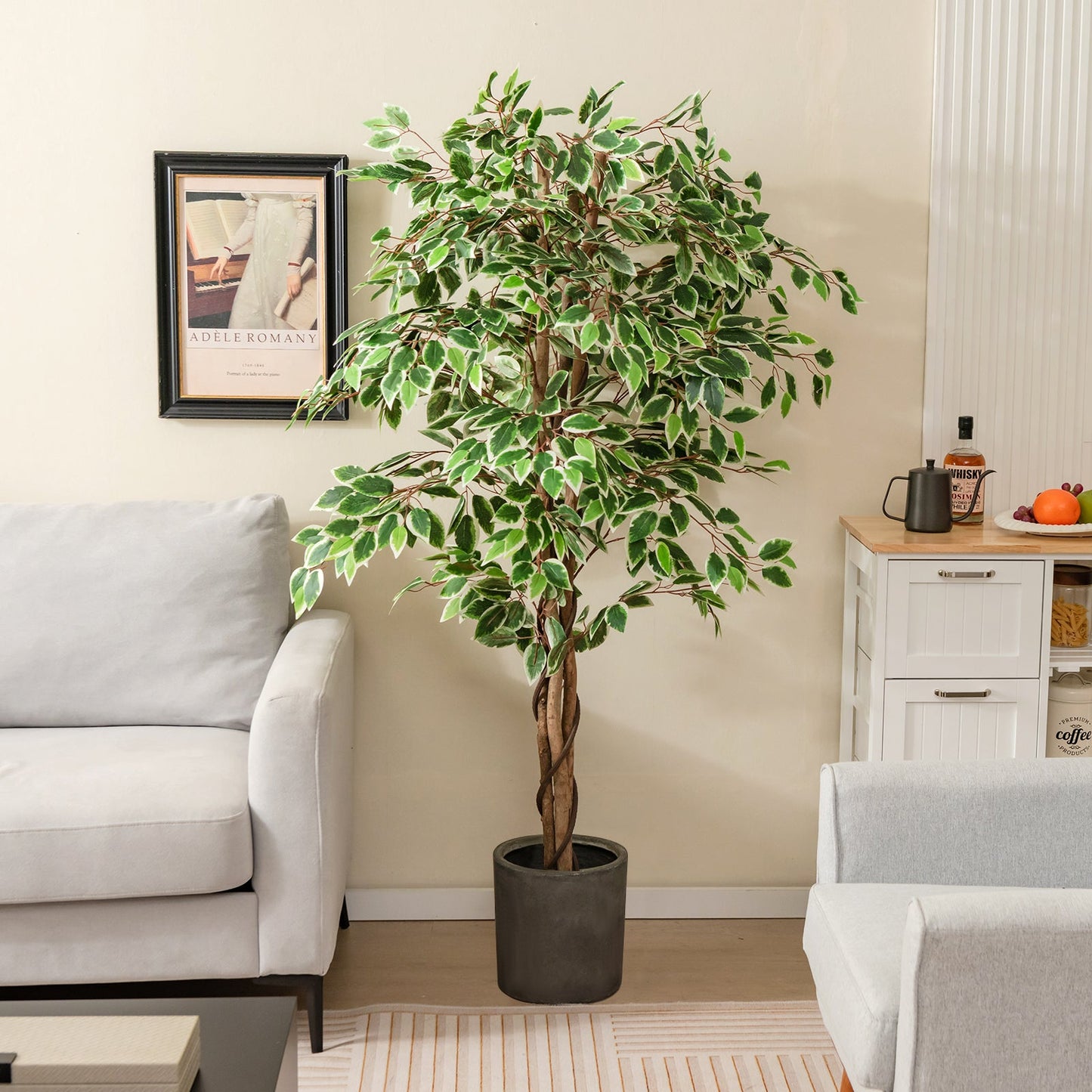 Ficus artificial alto, planta de interior sintética con 1008 hojas, maceta de vivero y musgo seco