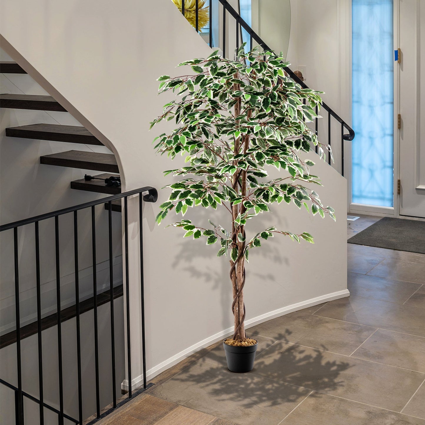 Ficus artificial alto, planta de interior sintética con 1008 hojas, maceta de vivero y musgo seco