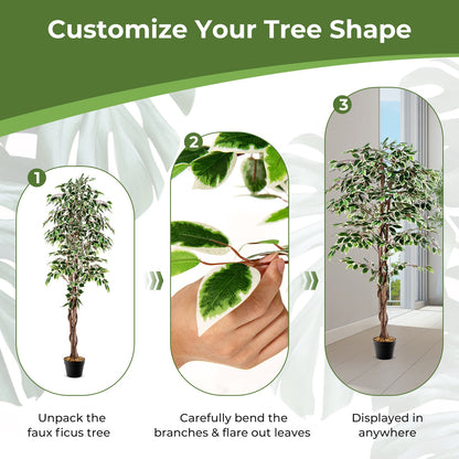Ficus artificial alto, planta de interior sintética con 1008 hojas, maceta de vivero y musgo seco